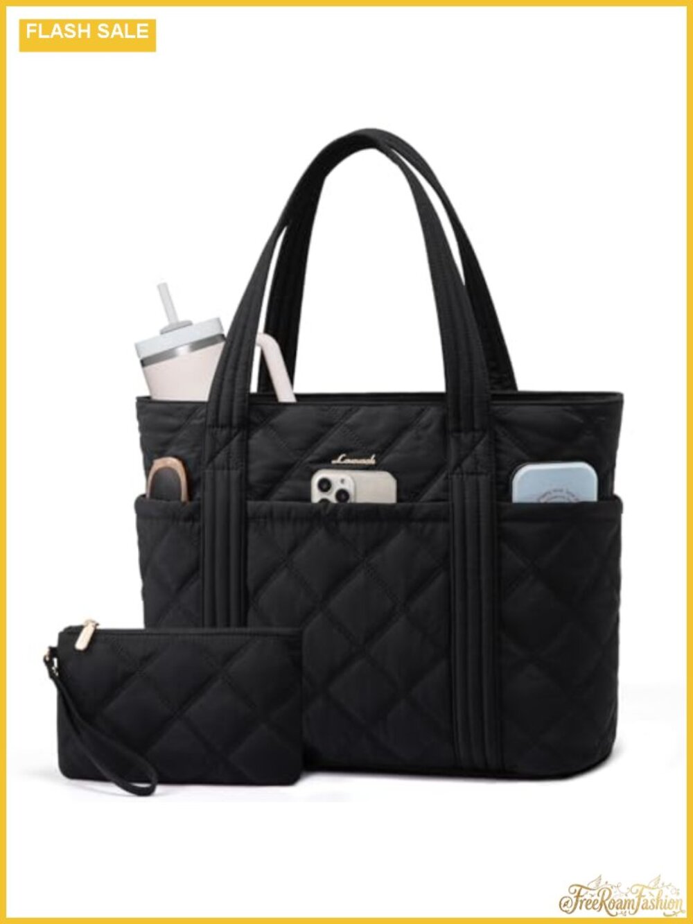 LOVEVOOK Puffer Tote Bag for Women, Puffy Work Handbag with Cup Holder, Zipper